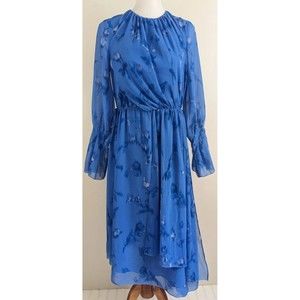 H&M Draped Hem Chiffon Midi Dress French Blue 6 Modest Wedding Guest Flowy Artsy